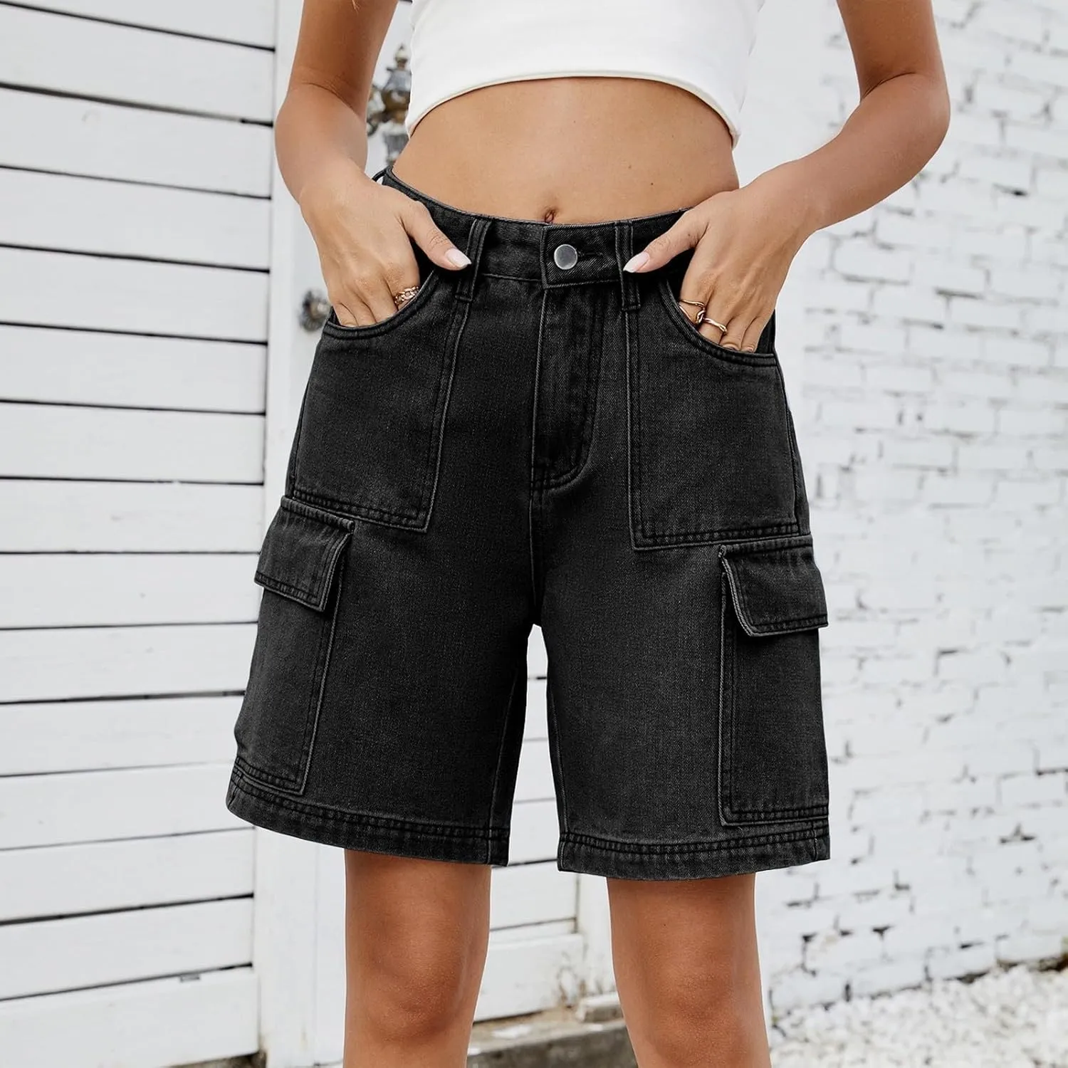 High Waisted Shorts Women Denim Black - Bermuda Mid-Rise Butt Lift Summer Long Denim 5 Inch Inseam with Multi Pockets