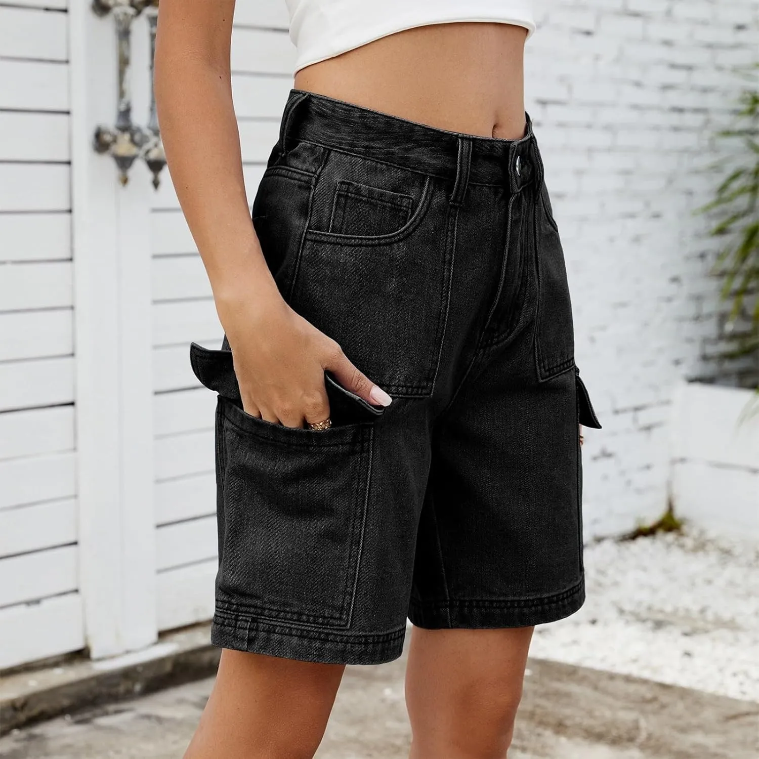 High Waisted Shorts Women Denim Black - Bermuda Mid-Rise Butt Lift Summer Long Denim 5 Inch Inseam with Multi Pockets