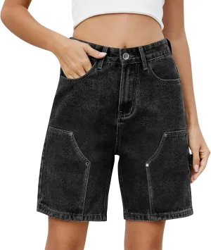 High Waisted Shorts Women Denim Plus Size - Bermuda Mid-Rise Butt Lift Summer Long Denim 5 Inch Inseam with Pockets