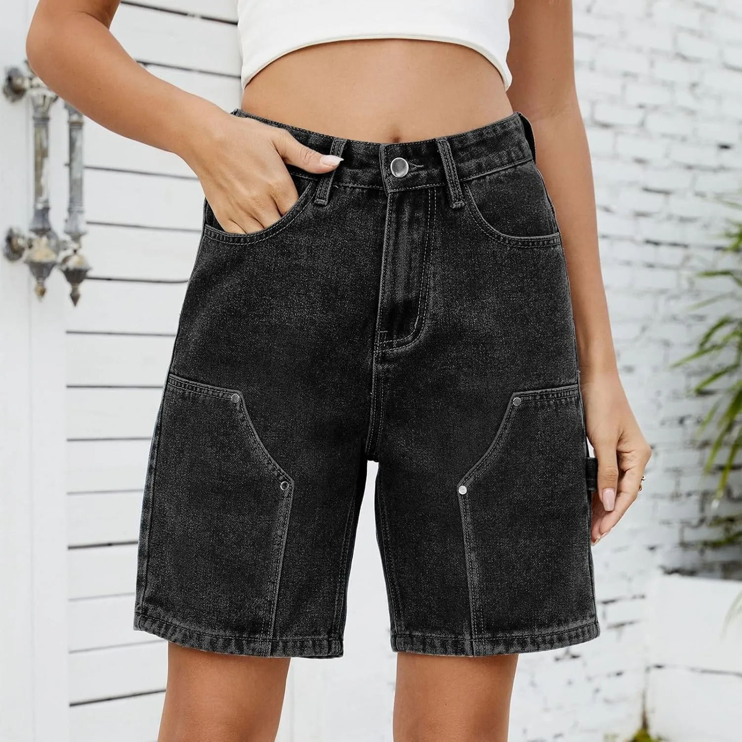 High Waisted Shorts Women Denim Plus Size - Bermuda Mid-Rise Butt Lift Summer Long Denim 5 Inch Inseam with Pockets