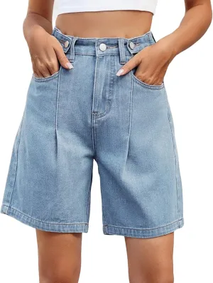 High Waisted Shorts Women Denim Xs - Bermuda Mid-Rise Butt Lift Summer Long Denim 5 Inch Inseam with Multi Pockets