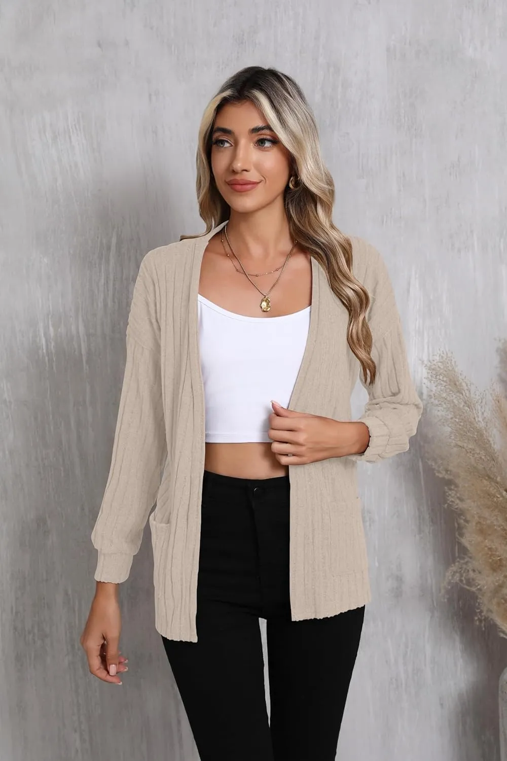 HIYIYEZI Women's Long Sleeve Open Front Cardigan Casual Lightweight Cardigans Knit Outwear with Pockets
