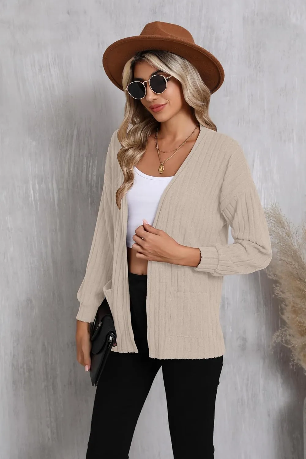 HIYIYEZI Women's Long Sleeve Open Front Cardigan Casual Lightweight Cardigans Knit Outwear with Pockets