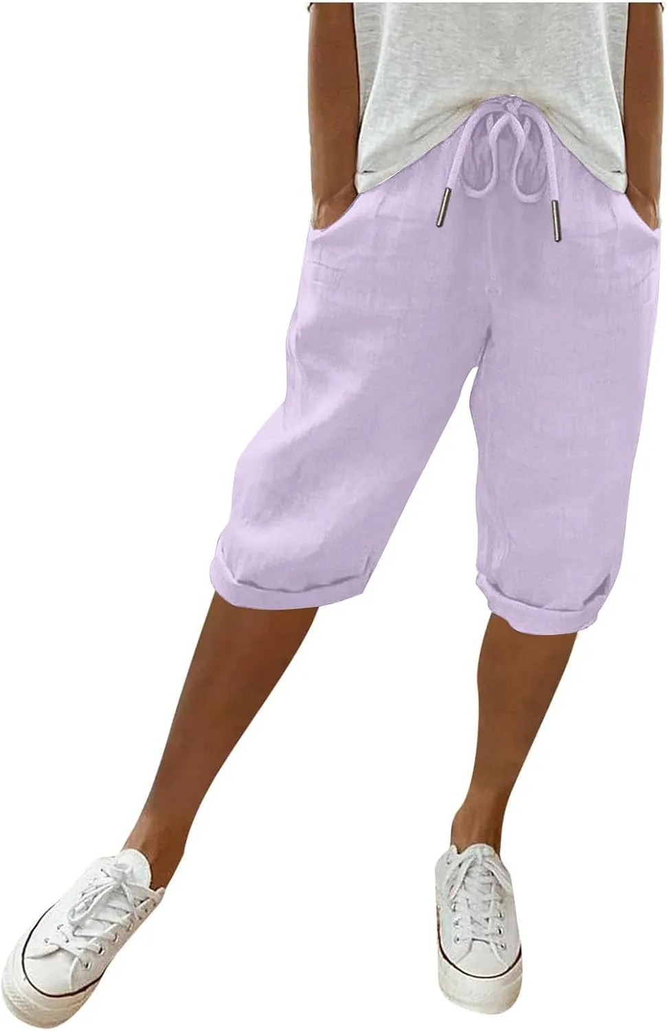 hlysgo Bermuda Shorts for Women 2024 Summer Loose Fit Knee Length Shorts High Waisted Drawstring Casual Shorts with Pockets