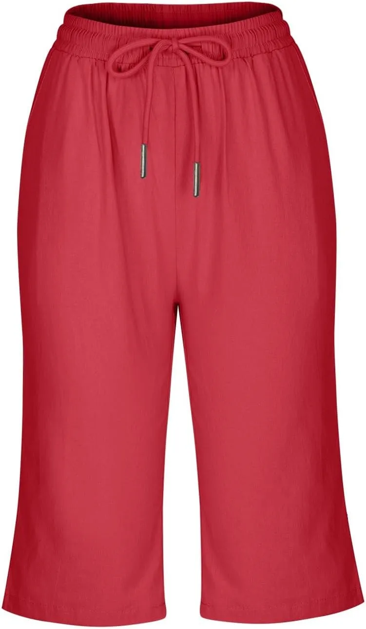 hlysgo Bermuda Shorts for Women 2024 Summer Loose Fit Knee Length Shorts High Waisted Drawstring Casual Shorts with Pockets