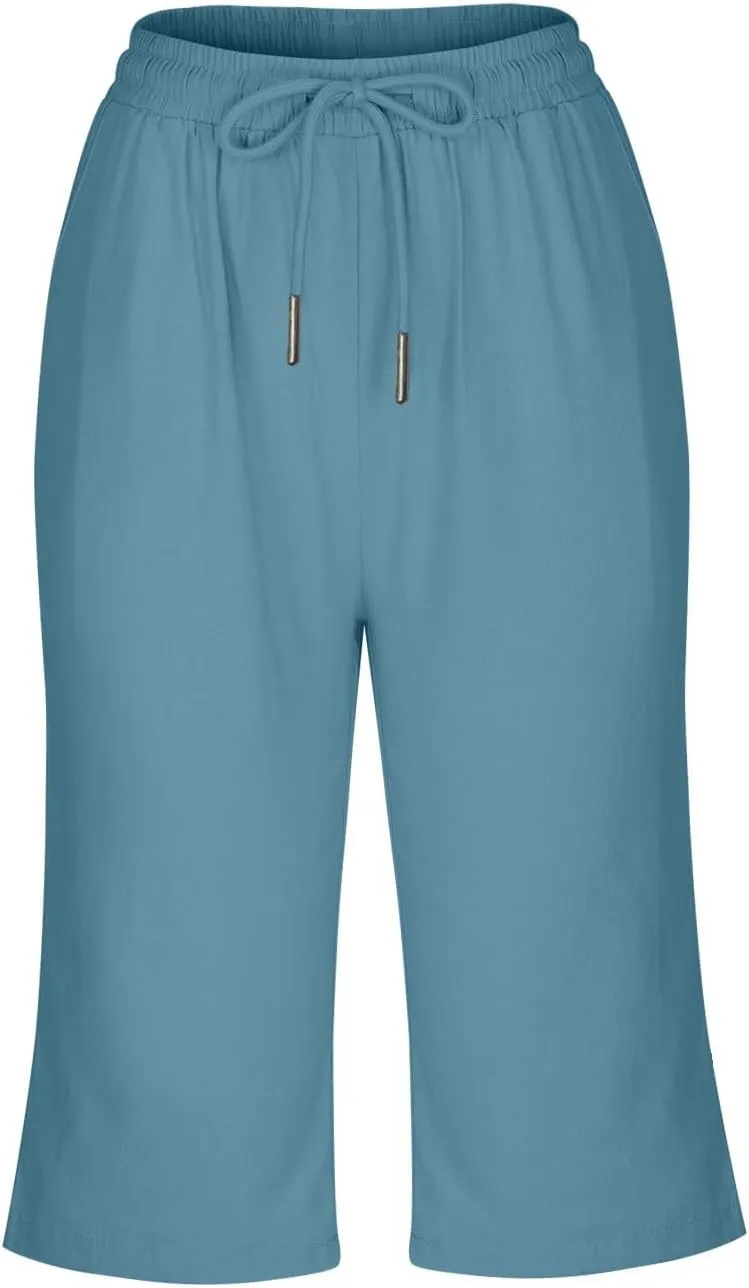 hlysgo Bermuda Shorts for Women 2024 Summer Loose Fit Knee Length Shorts High Waisted Drawstring Casual Shorts with Pockets