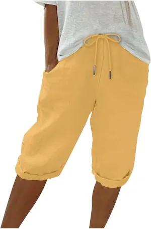 hlysgo Bermuda Shorts for Women 2024 Summer Loose Fit Knee Length Shorts High Waisted Drawstring Casual Shorts with Pockets