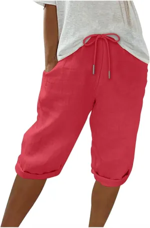 hlysgo Bermuda Shorts for Women 2024 Summer Loose Fit Knee Length Shorts High Waisted Drawstring Casual Shorts with Pockets