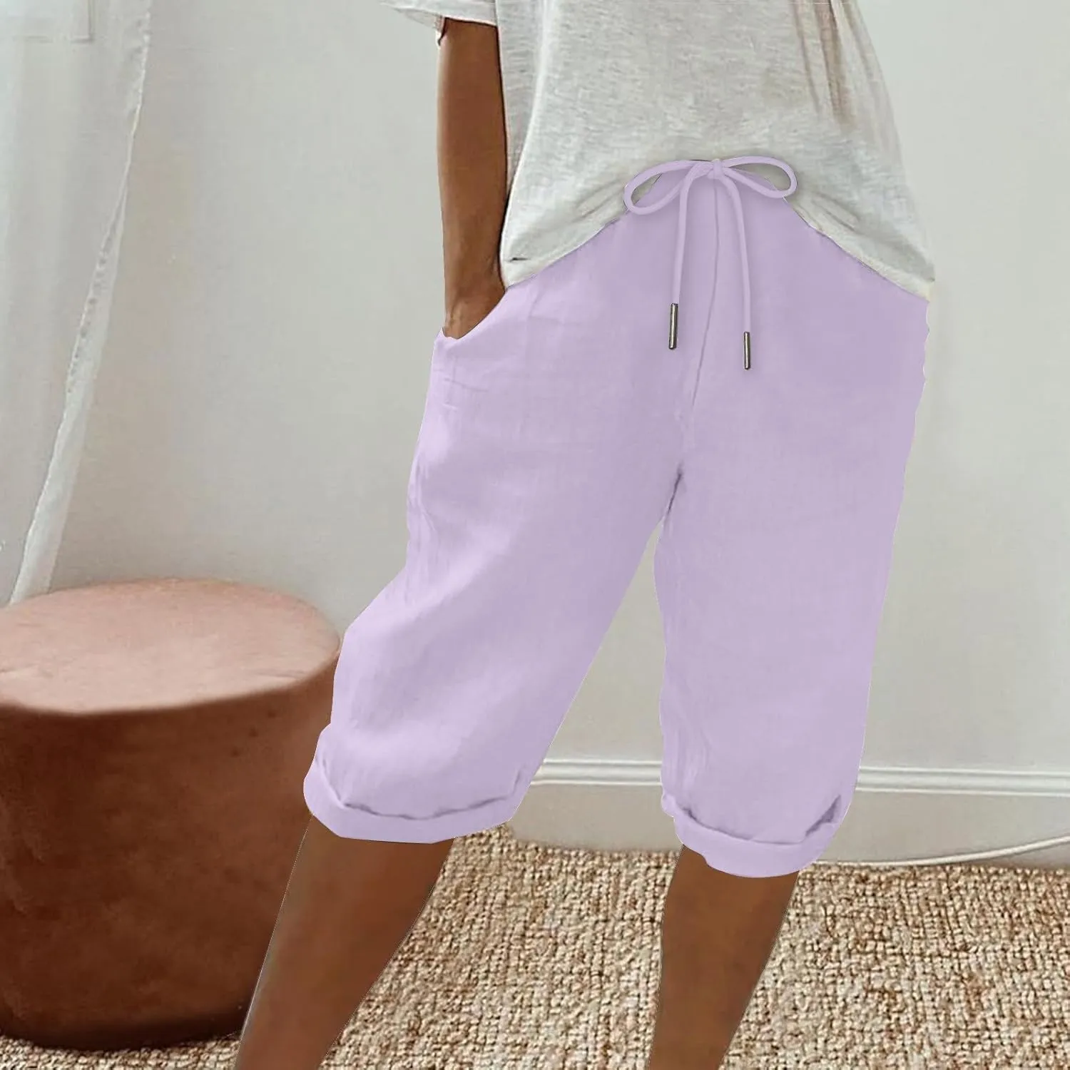 hlysgo Bermuda Shorts for Women 2024 Summer Loose Fit Knee Length Shorts High Waisted Drawstring Casual Shorts with Pockets