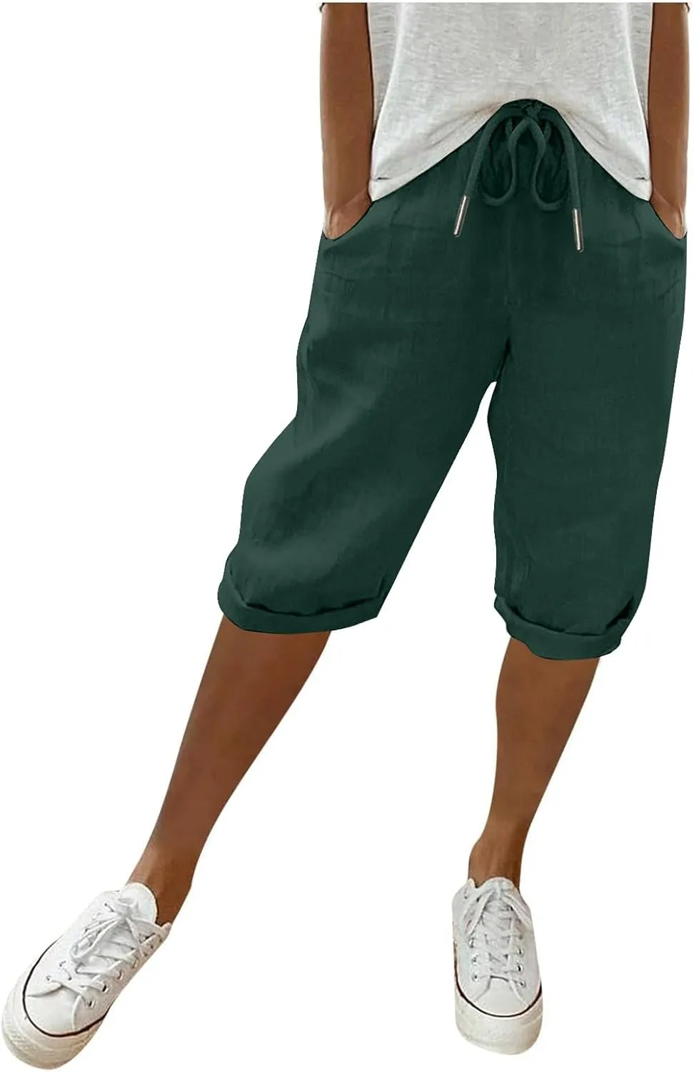hlysgo Bermuda Shorts for Women 2024 Summer Loose Fit Knee Length Shorts High Waisted Drawstring Casual Shorts with Pockets