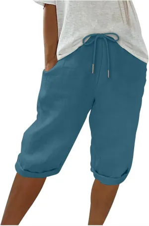 hlysgo Bermuda Shorts for Women 2024 Summer Loose Fit Knee Length Shorts High Waisted Drawstring Casual Shorts with Pockets