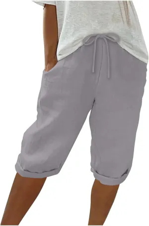 hlysgo Bermuda Shorts for Women 2024 Summer Loose Fit Knee Length Shorts High Waisted Drawstring Casual Shorts with Pockets