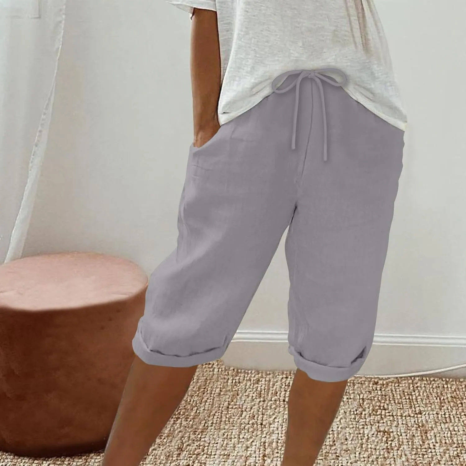 hlysgo Bermuda Shorts for Women 2024 Summer Loose Fit Knee Length Shorts High Waisted Drawstring Casual Shorts with Pockets