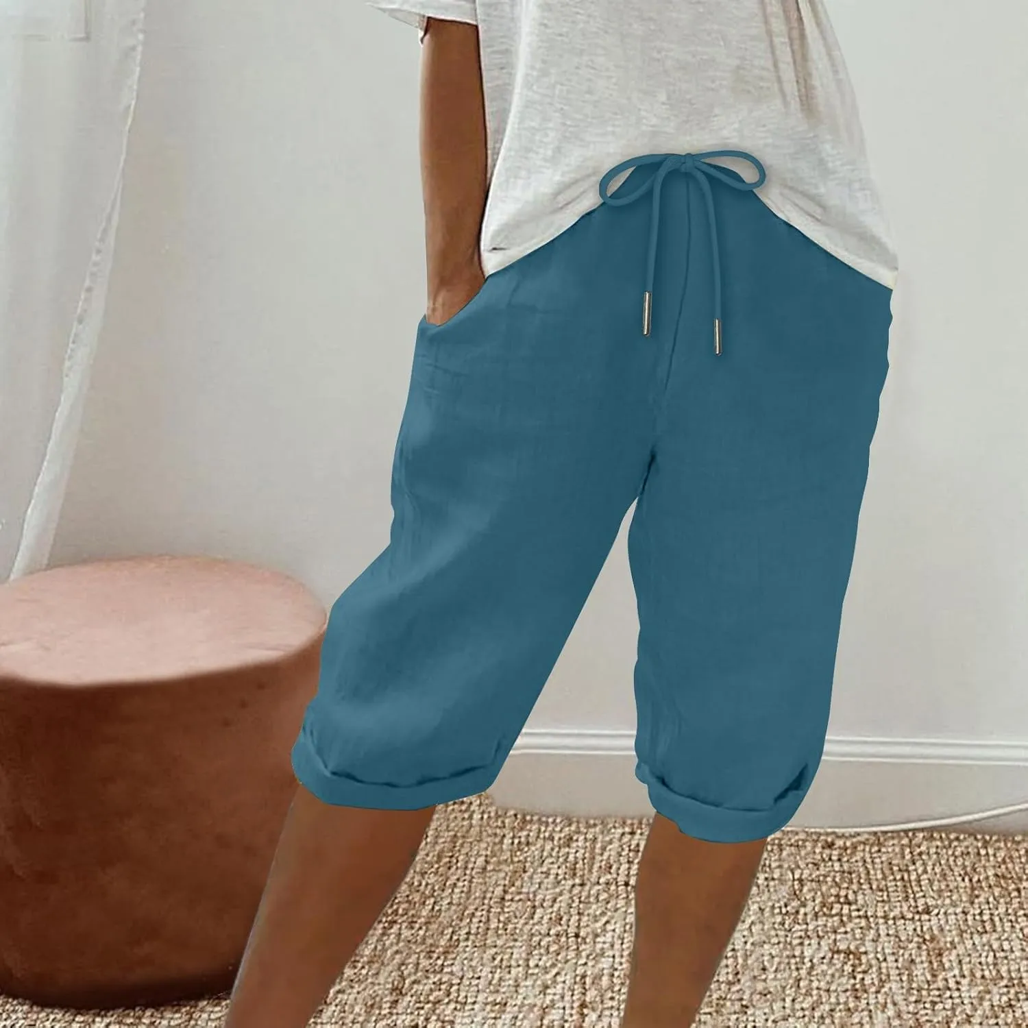 hlysgo Bermuda Shorts for Women 2024 Summer Loose Fit Knee Length Shorts High Waisted Drawstring Casual Shorts with Pockets