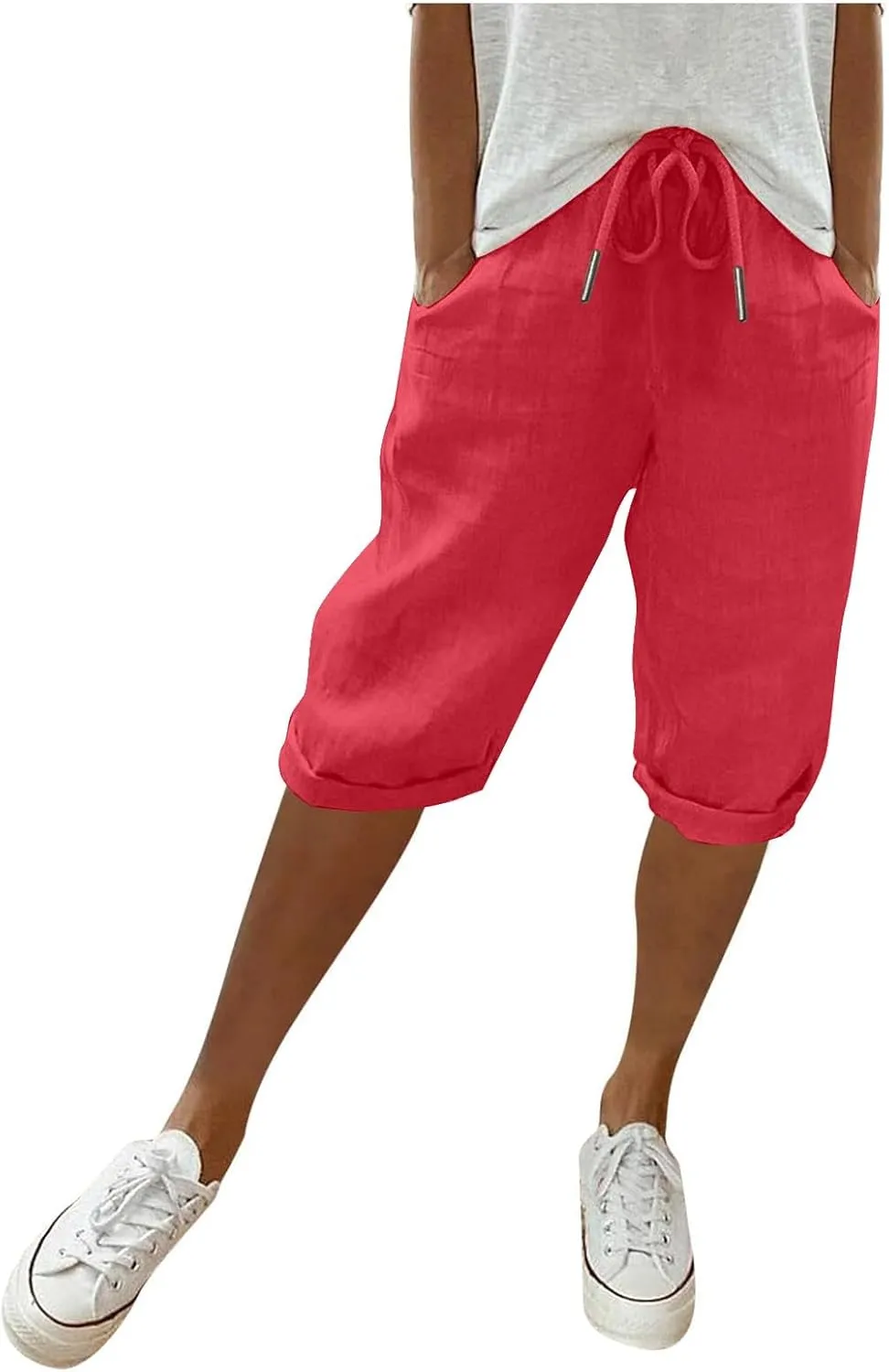 hlysgo Bermuda Shorts for Women 2024 Summer Loose Fit Knee Length Shorts High Waisted Drawstring Casual Shorts with Pockets