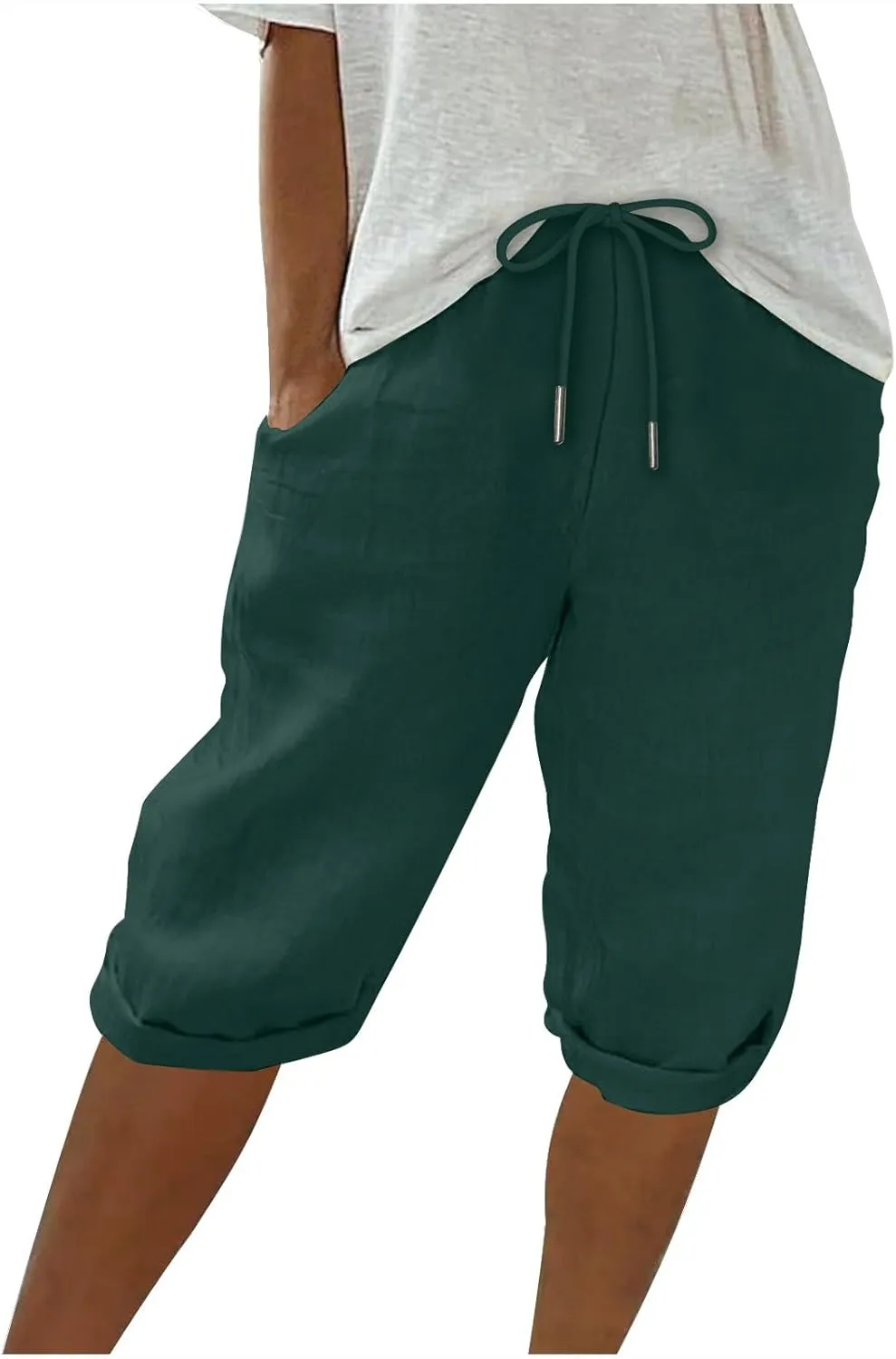 hlysgo Bermuda Shorts for Women 2024 Summer Loose Fit Knee Length Shorts High Waisted Drawstring Casual Shorts with Pockets