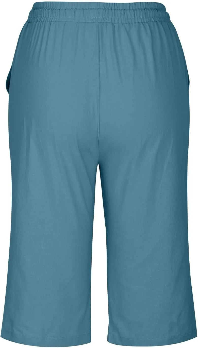 hlysgo Bermuda Shorts for Women 2024 Summer Loose Fit Knee Length Shorts High Waisted Drawstring Casual Shorts with Pockets