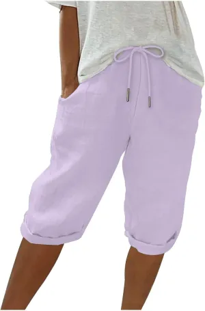 hlysgo Bermuda Shorts for Women 2024 Summer Loose Fit Knee Length Shorts High Waisted Drawstring Casual Shorts with Pockets