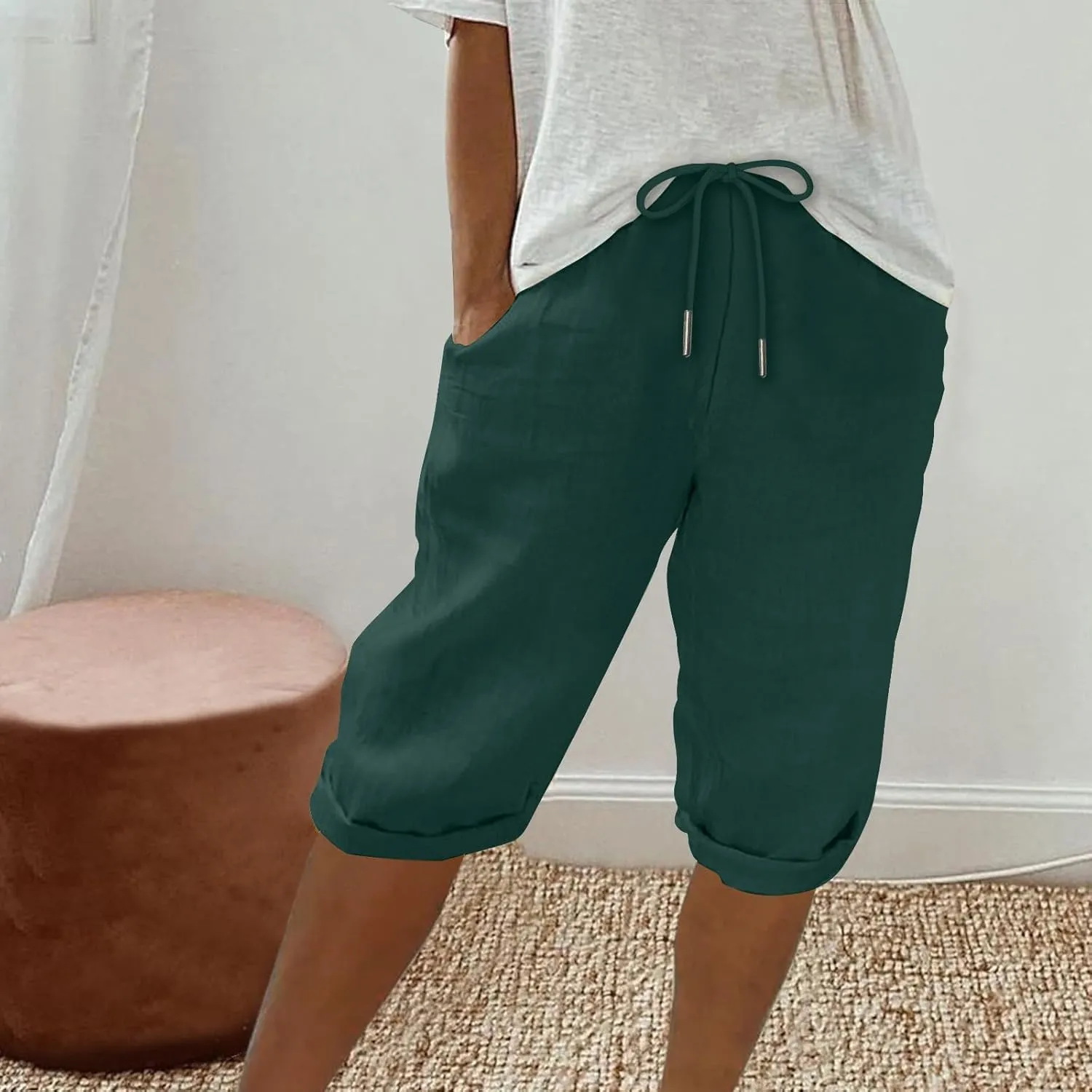 hlysgo Bermuda Shorts for Women 2024 Summer Loose Fit Knee Length Shorts High Waisted Drawstring Casual Shorts with Pockets