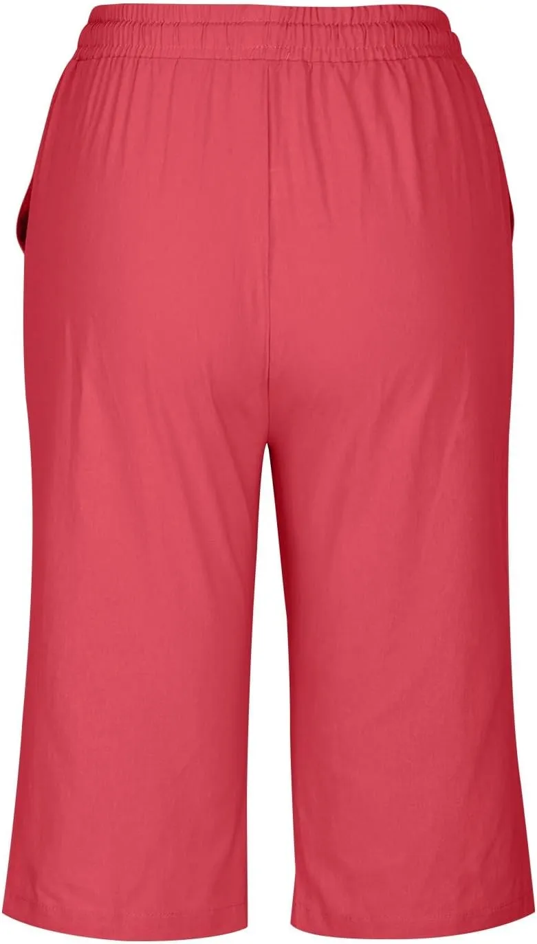 hlysgo Bermuda Shorts for Women 2024 Summer Loose Fit Knee Length Shorts High Waisted Drawstring Casual Shorts with Pockets