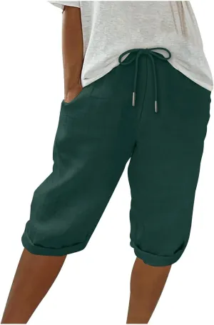 hlysgo Bermuda Shorts for Women 2024 Summer Loose Fit Knee Length Shorts High Waisted Drawstring Casual Shorts with Pockets