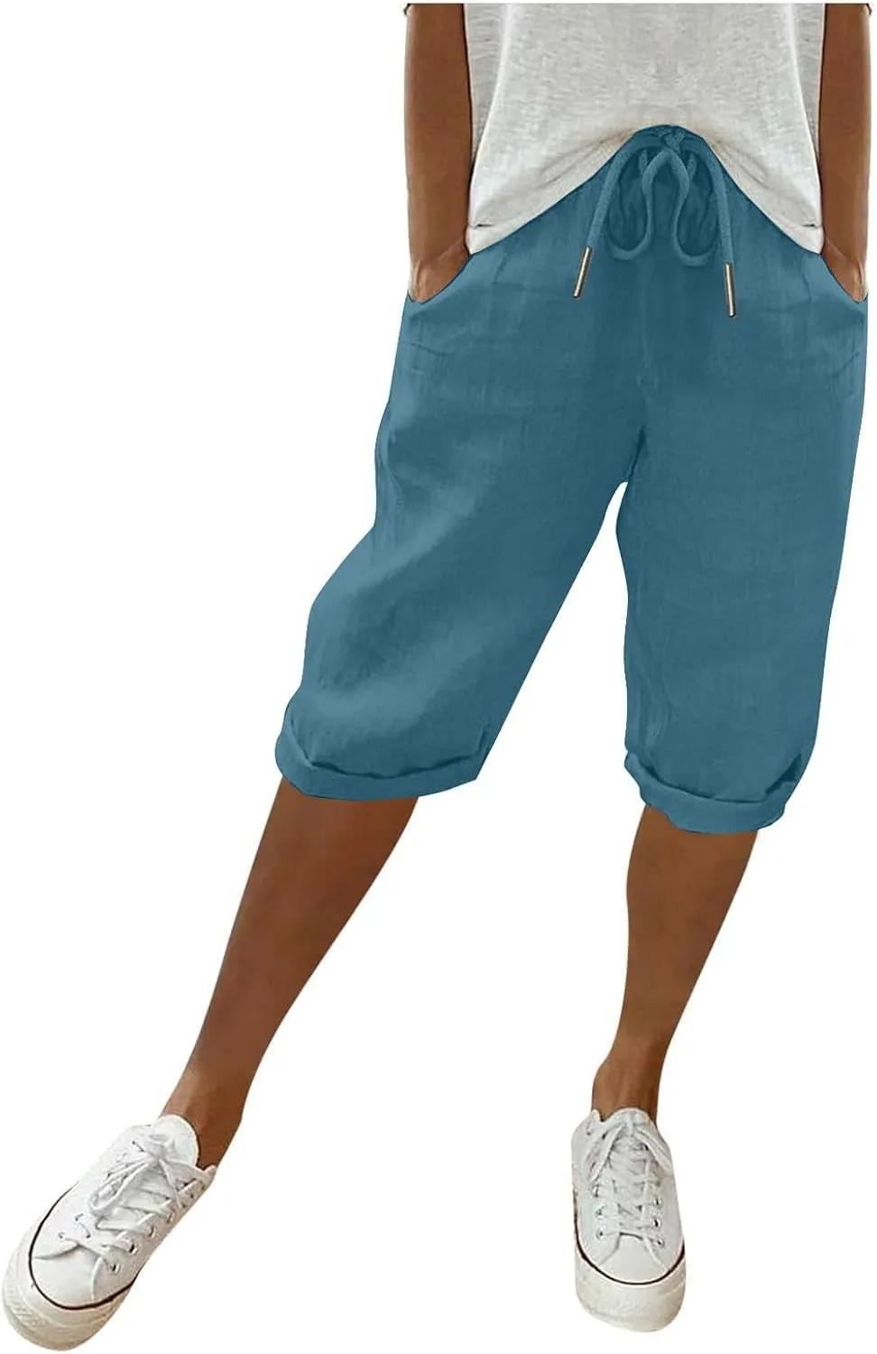 hlysgo Bermuda Shorts for Women 2024 Summer Loose Fit Knee Length Shorts High Waisted Drawstring Casual Shorts with Pockets