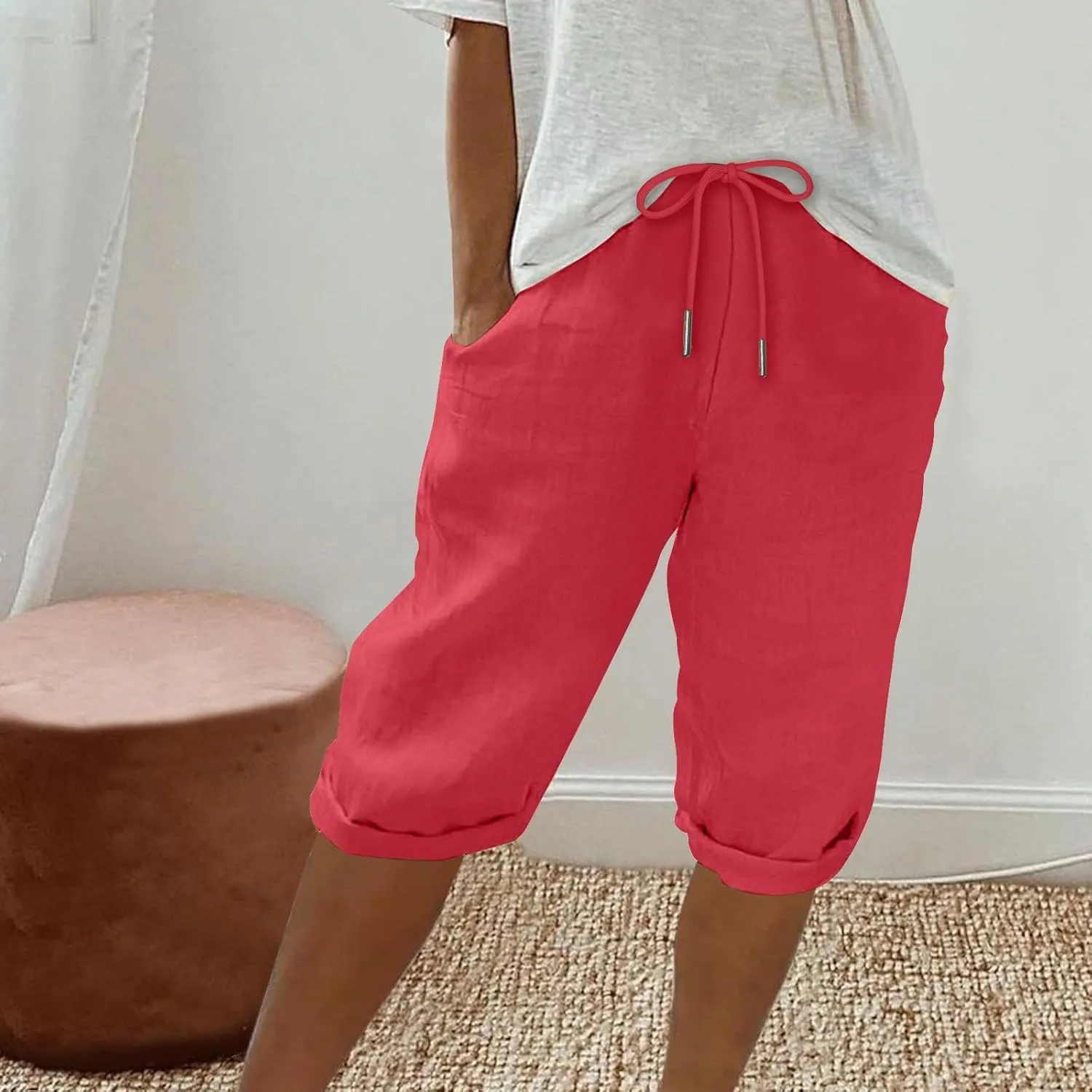 hlysgo Bermuda Shorts for Women 2024 Summer Loose Fit Knee Length Shorts High Waisted Drawstring Casual Shorts with Pockets