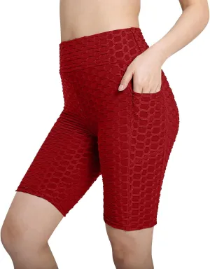 Honeycomb Textured Shorts for Women Lounge High Waisted Slim Fit Yoga Shorts with Pockets Workout Gym Leggings Shorts
