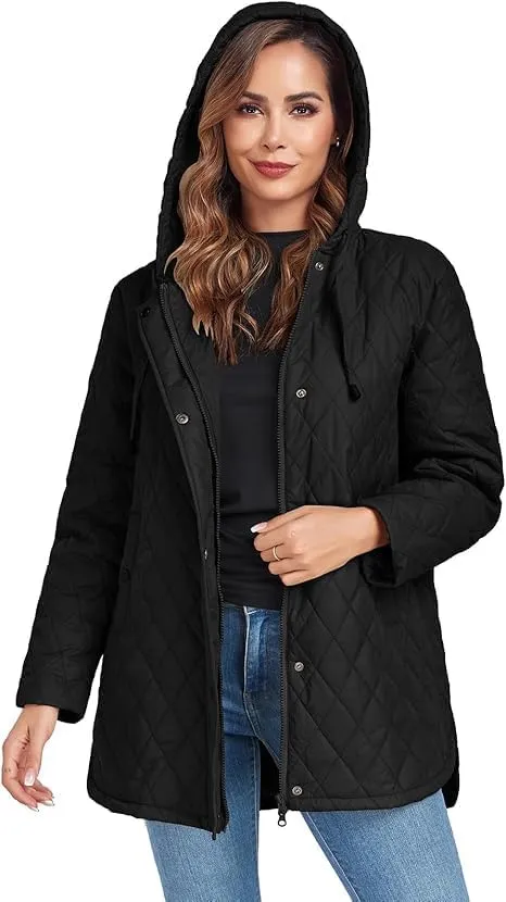 HOTIAN Quilted Jacket for Women Long Puffer Coat Lightweight Hooded Winter Padded Down Jacket Outerwear Coats