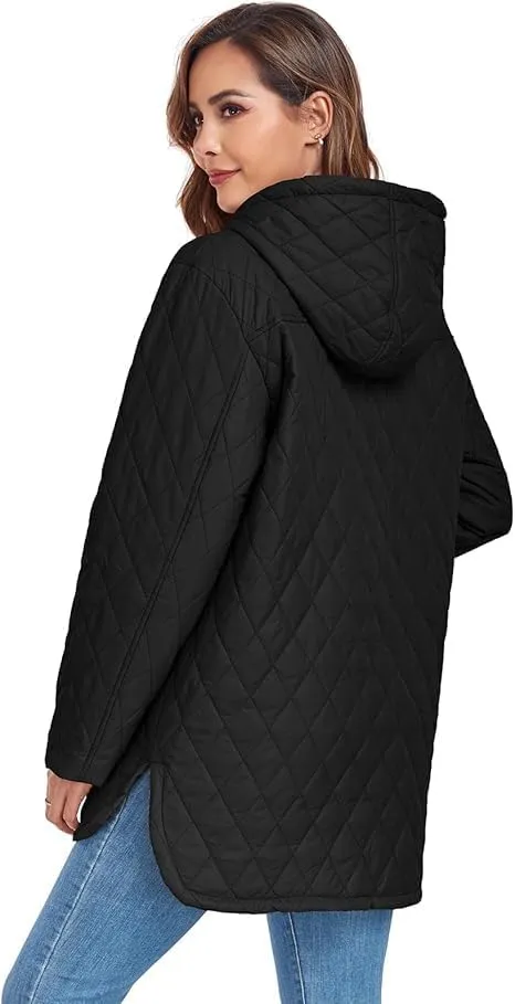 HOTIAN Quilted Jacket for Women Long Puffer Coat Lightweight Hooded Winter Padded Down Jacket Outerwear Coats