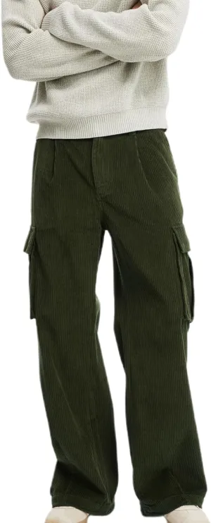 Hulpvktsgiq Mens Corduroy Cargo Pants Casual Joggers Straight Leg Pants Button Baggy Sweatpants Ribbed Trousers with Pockets