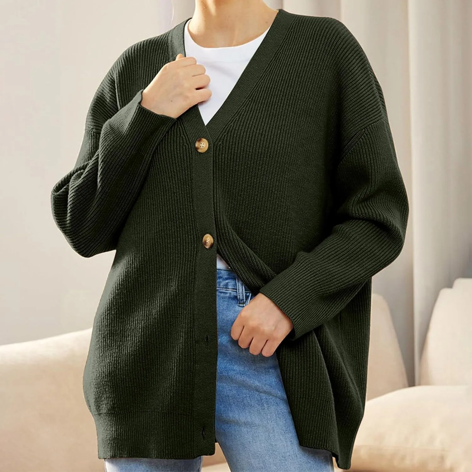 iLH Cardigan Sweaters for Sweater Fall Fashion Oversize Loose Sweater Button down V Neck Solid Outerwear Knitted Coat
