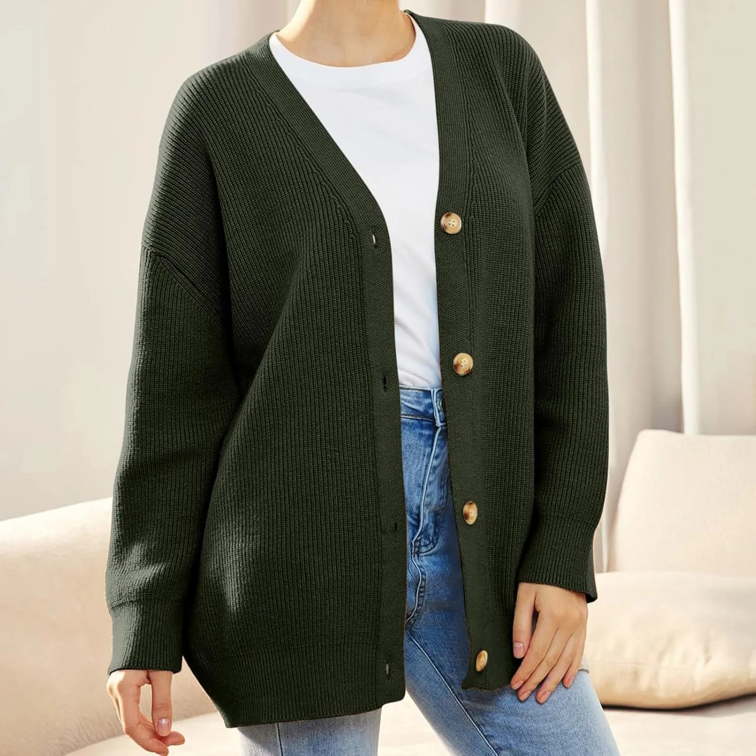 iLH Cardigan Sweaters for Sweater Fall Fashion Oversize Loose Sweater Button down V Neck Solid Outerwear Knitted Coat