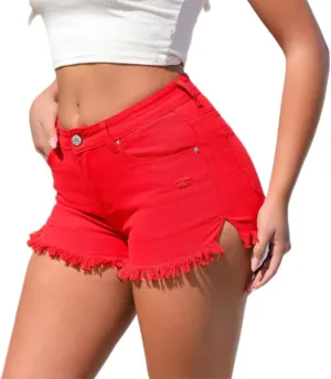 Jean Shorts Womens Mid Rise Distressed Stretchy Denim Shorts Casual Trendy Frayed Raw Hem Summer Mini Denim Shorts