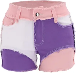 JEKE-DG Womens Mid Rise Stretchy Patchwork Jeans Color Block Leg Raw Hem Denim Shorts Raw Frayed Casual Denim Shorts