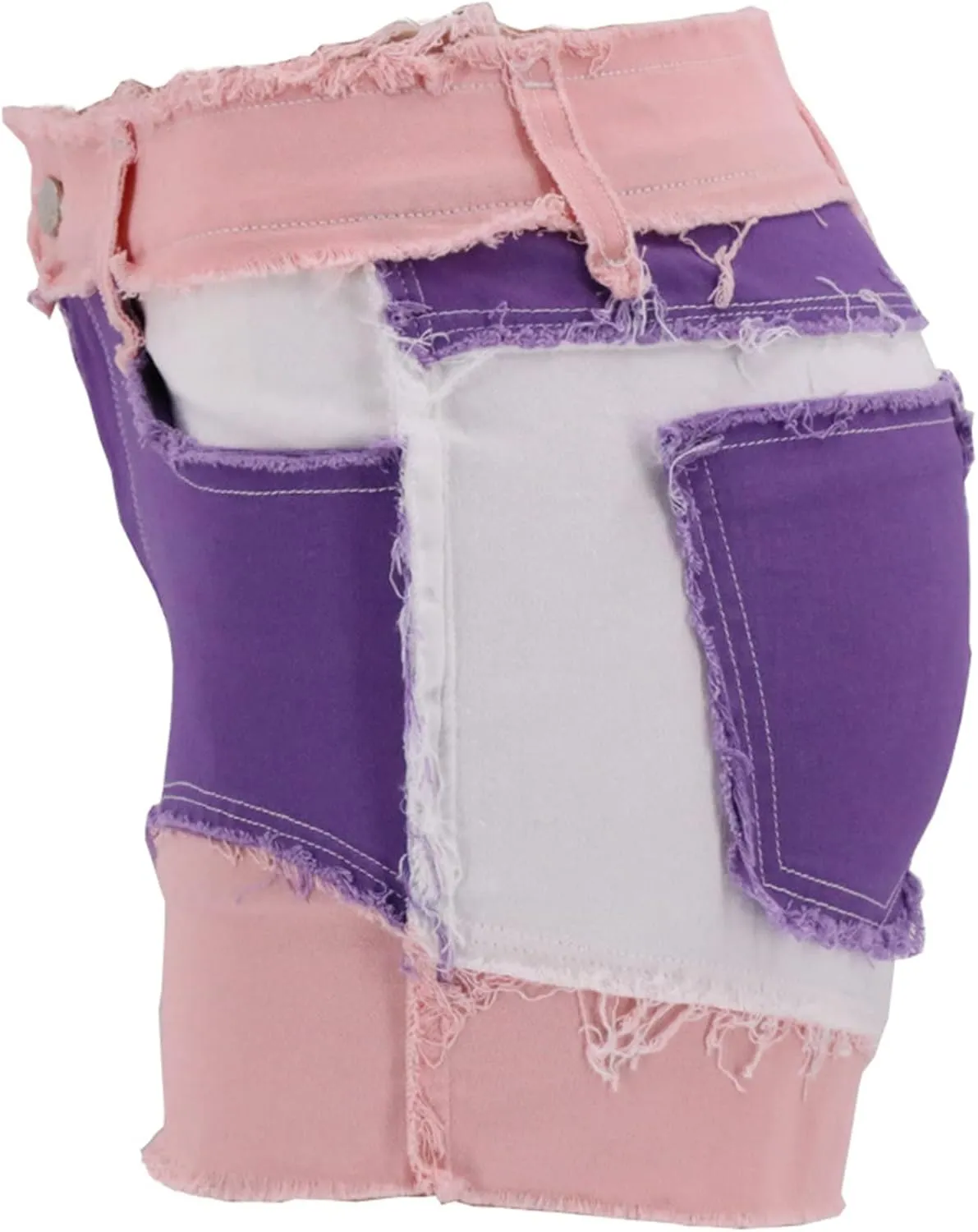 JEKE-DG Womens Mid Rise Stretchy Patchwork Jeans Color Block Leg Raw Hem Denim Shorts Raw Frayed Casual Denim Shorts