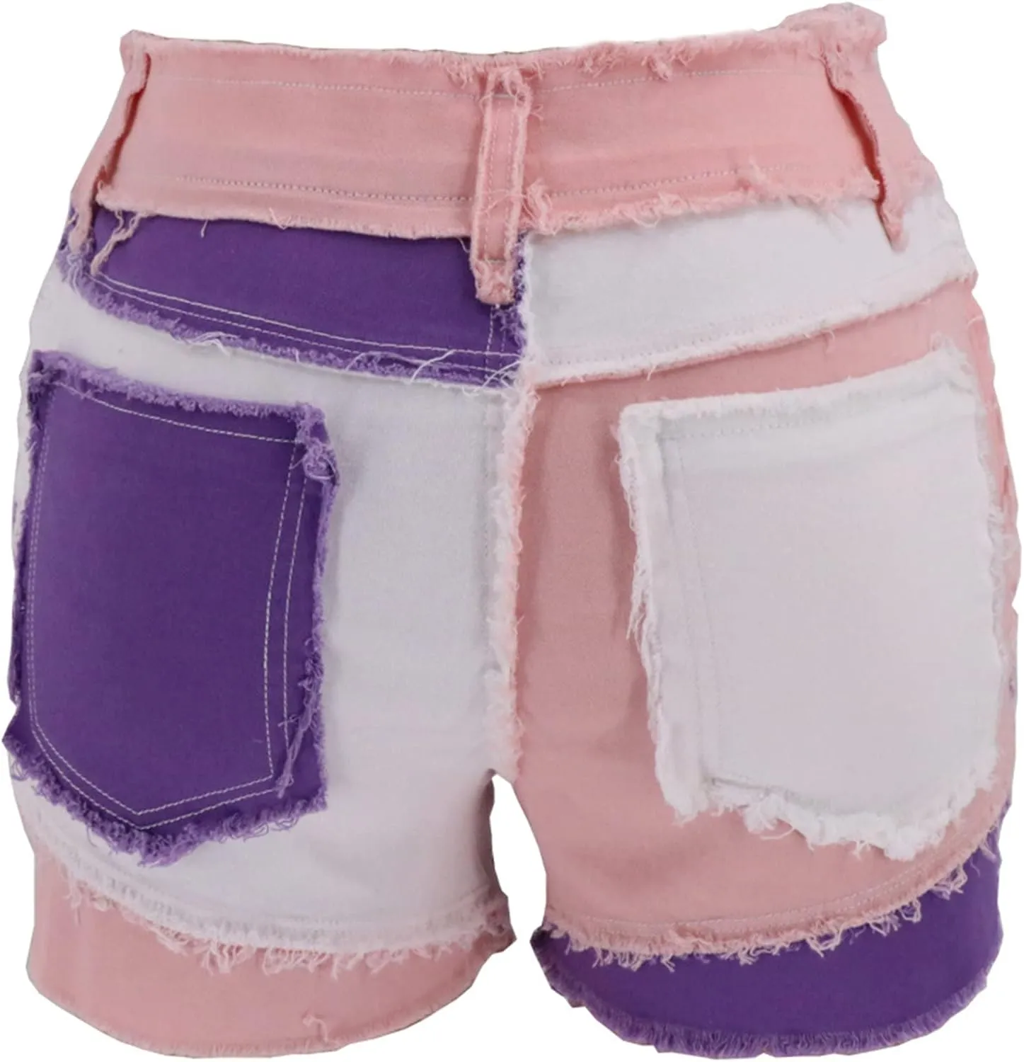 JEKE-DG Womens Mid Rise Stretchy Patchwork Jeans Color Block Leg Raw Hem Denim Shorts Raw Frayed Casual Denim Shorts