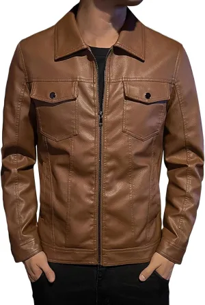 JEsilunmaMY Men's Flap Pocket Leather Motorcycle Jacket Casual Lapel Lightweight Bomber Outwear Fall Winter Moto Biker Coat