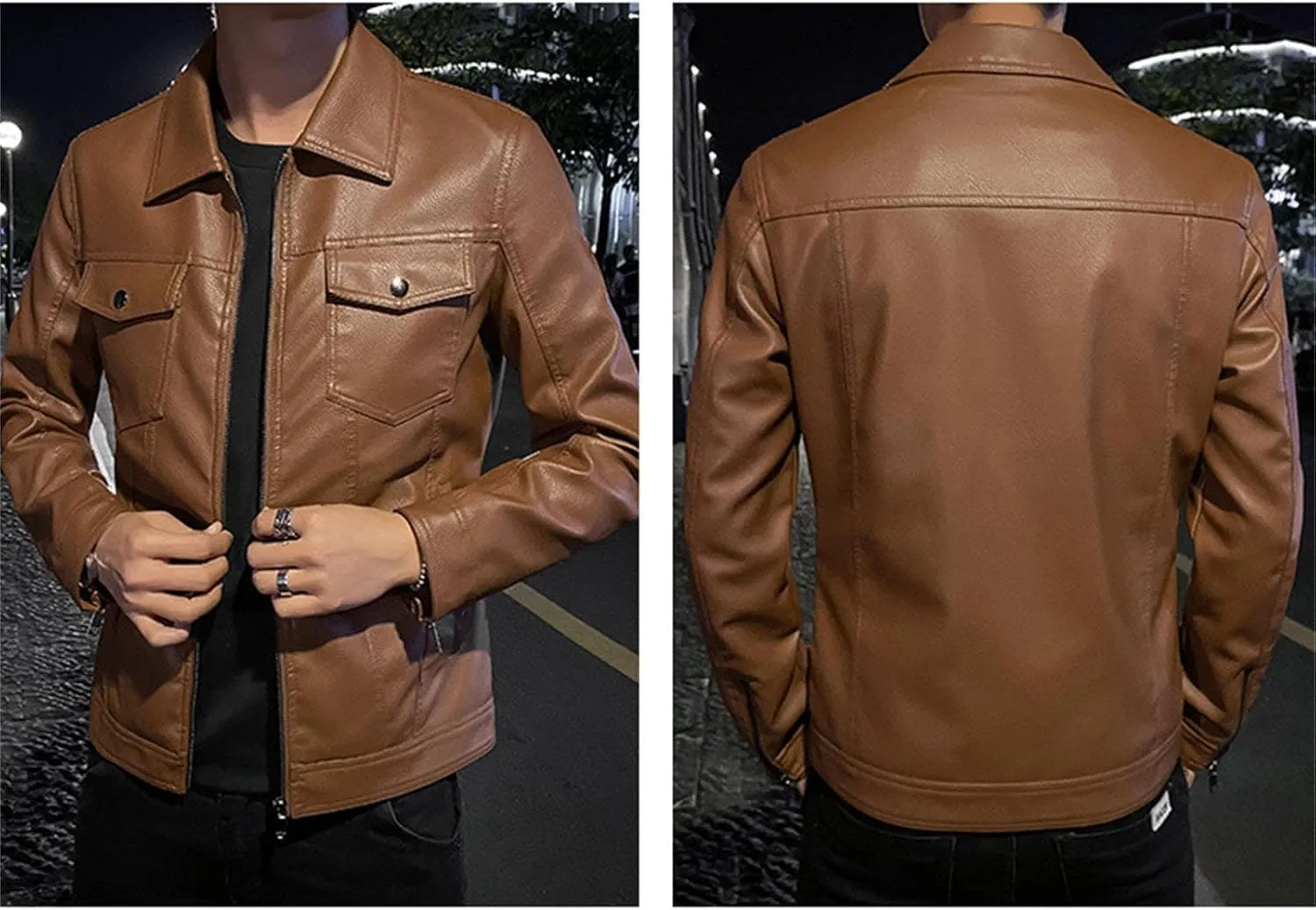 JEsilunmaMY Men's Flap Pocket Leather Motorcycle Jacket Casual Lapel Lightweight Bomber Outwear Fall Winter Moto Biker Coat