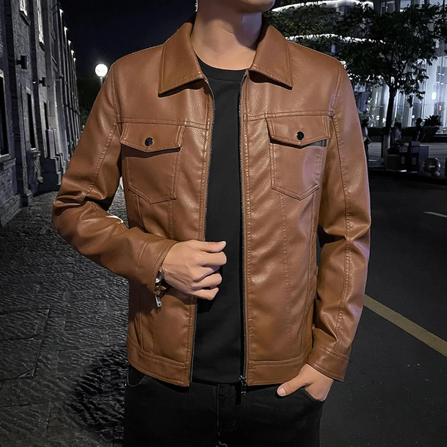 JEsilunmaMY Men's Flap Pocket Leather Motorcycle Jacket Casual Lapel Lightweight Bomber Outwear Fall Winter Moto Biker Coat
