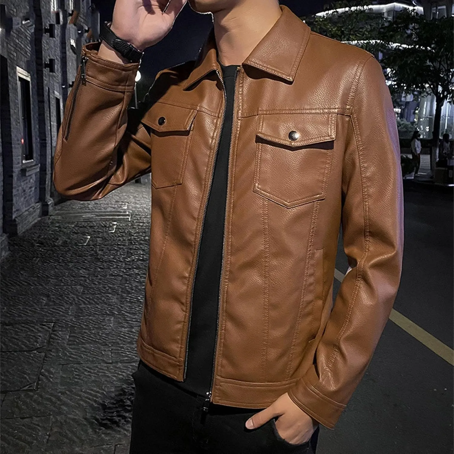 JEsilunmaMY Men's Flap Pocket Leather Motorcycle Jacket Casual Lapel Lightweight Bomber Outwear Fall Winter Moto Biker Coat