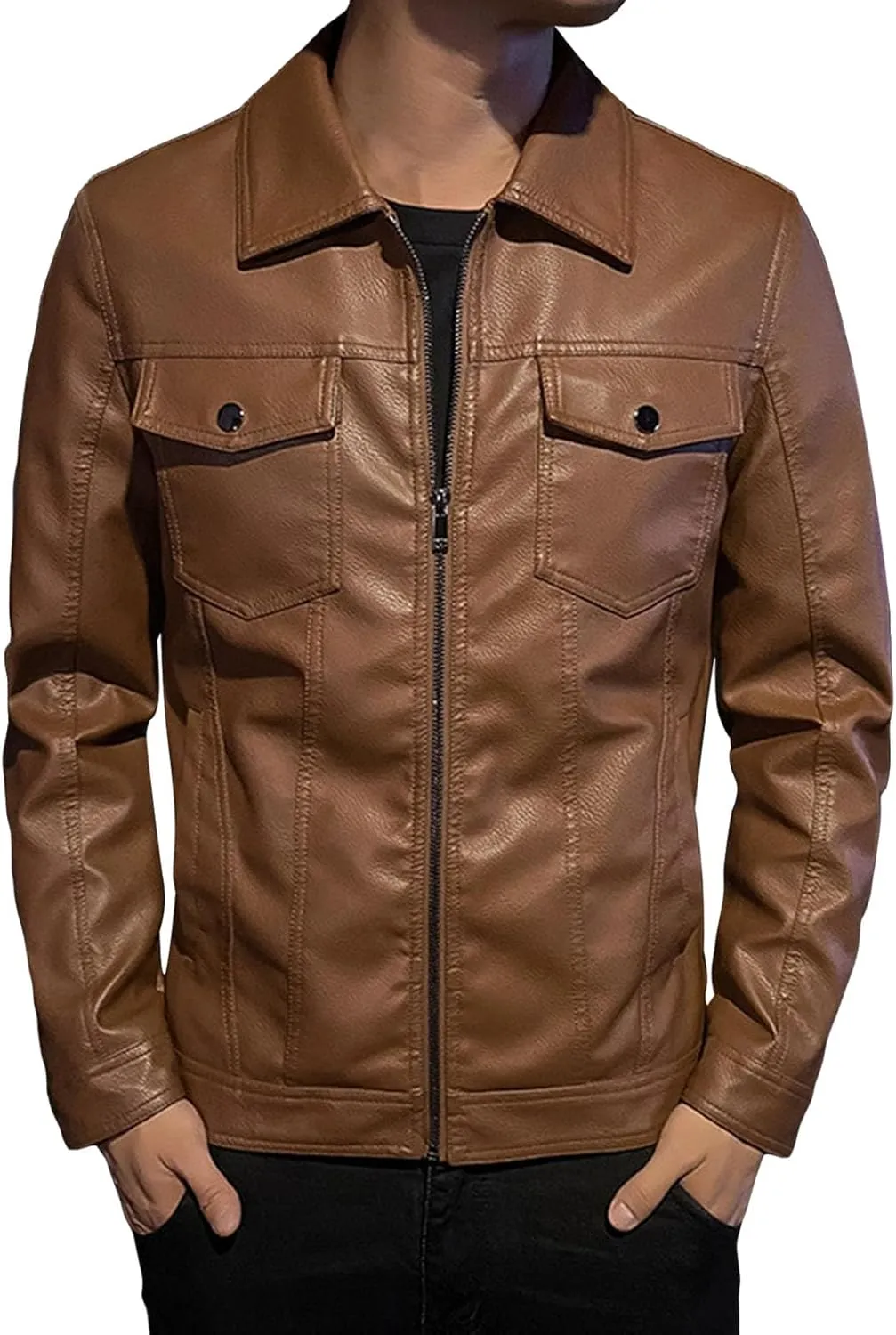 JEsilunmaMY Men's Flap Pocket Leather Motorcycle Jacket Casual Lapel Lightweight Bomber Outwear Fall Winter Moto Biker Coat