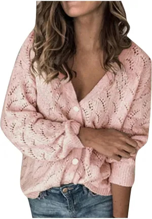 JOAU Womens Open Front Long Sleeve Chunky Knit Cardigan V Neck Button Down Sweaters Loose Fit Hollow Out Outwear Coat Top