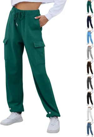 Joggers for Women Casual Fleece Drawstring High Waisted Sweatpants Baggy Button Hem Cargo Pants with Pockets