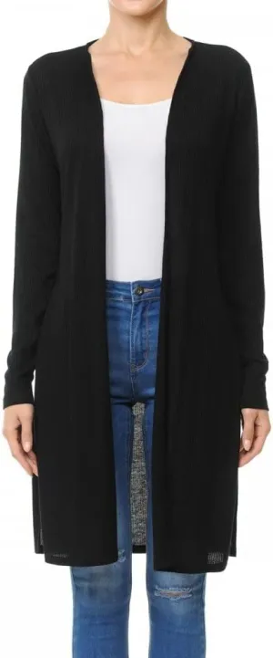 Khanomak Long Sleeve Ribbed Longline Cardigan Duster with Side Slit
