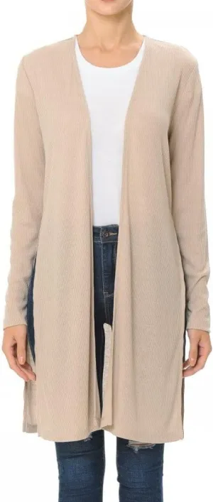 Khanomak Long Sleeve Ribbed Longline Cardigan Duster with Side Slit