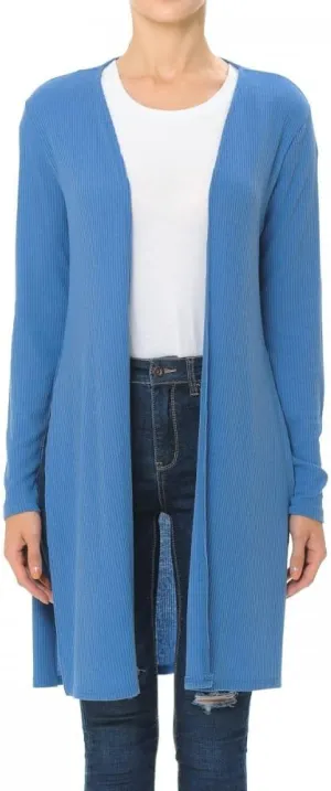 Khanomak Long Sleeve Ribbed Longline Cardigan Duster with Side Slit