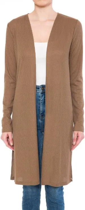 Khanomak Long Sleeve Ribbed Longline Cardigan Duster with Side Slit