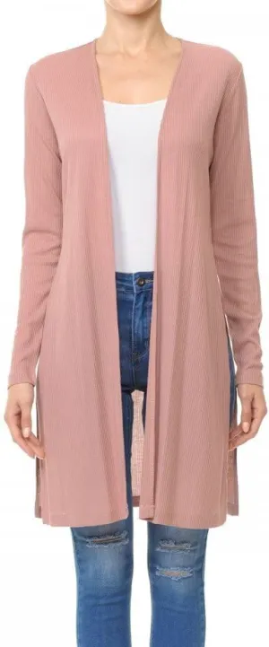 Khanomak Long Sleeve Ribbed Longline Cardigan Duster with Side Slit
