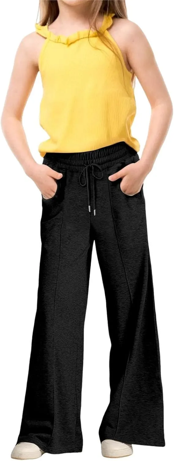 Kids Girls Sweatpants Wide Leg Casual Jogger Pants Straight Leg Baggy Elastic High Waisted Sport Yoga Pants